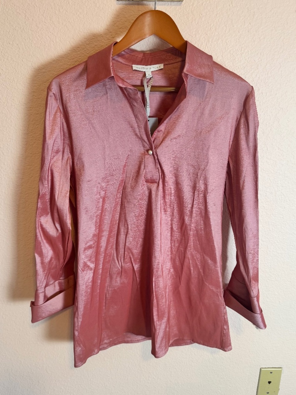 NWT Preston & York Rose Taffeta Pearl Button Blouse Tunic Quiet Luxury Med NWT